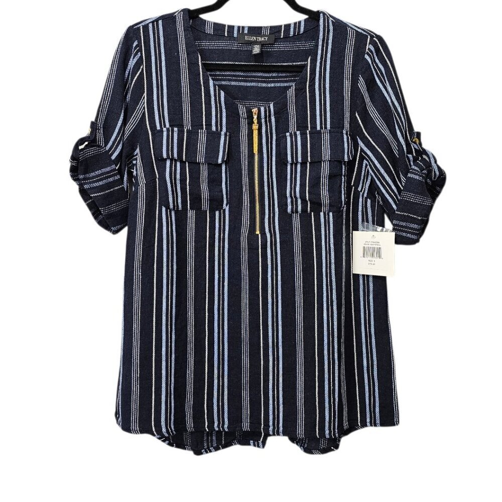 Ellen Tracy New Women's Striped 1/4 Zip Linen Blend Roll Tab Navy Blue Top S